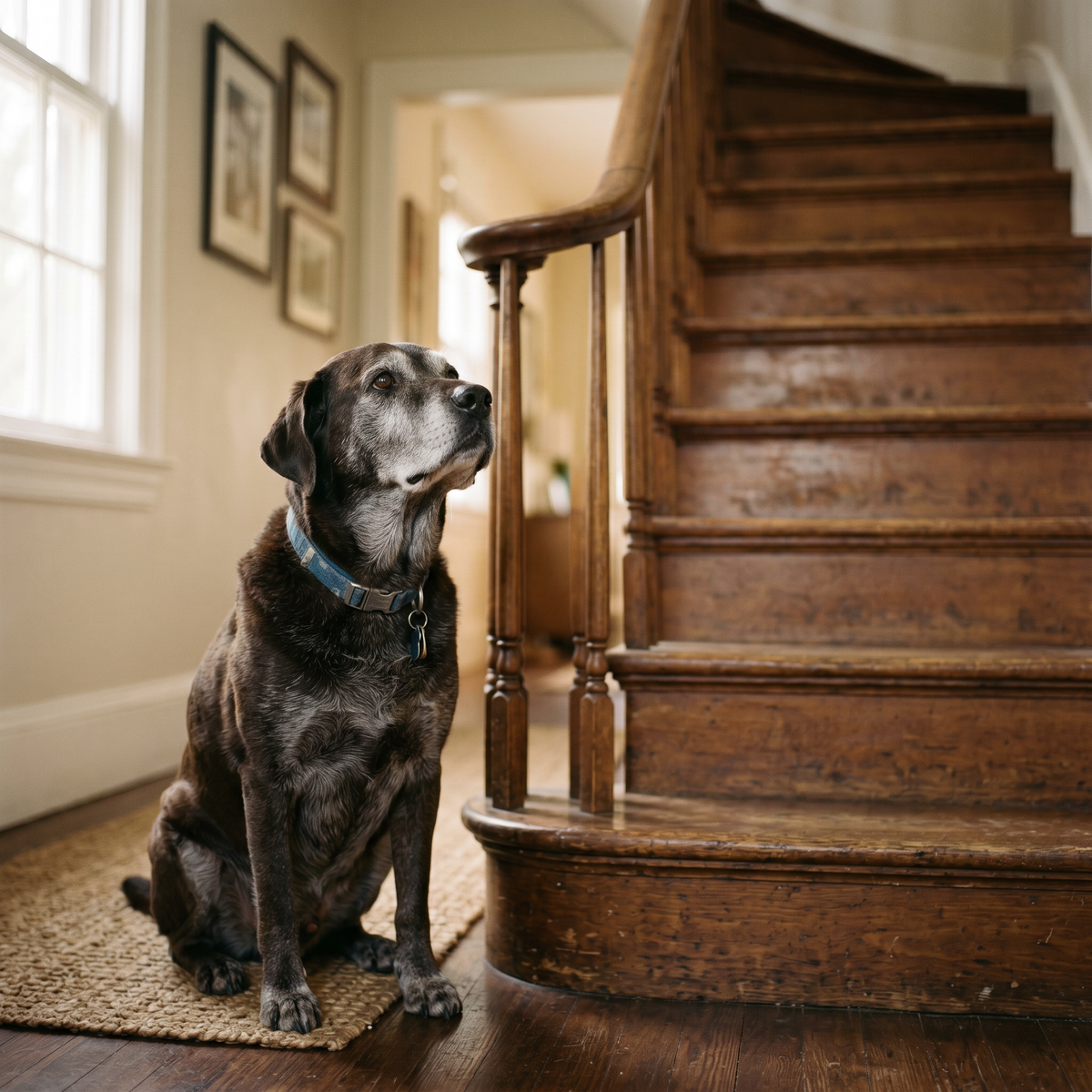 A senior dog pausing at the bottom of the stairs
