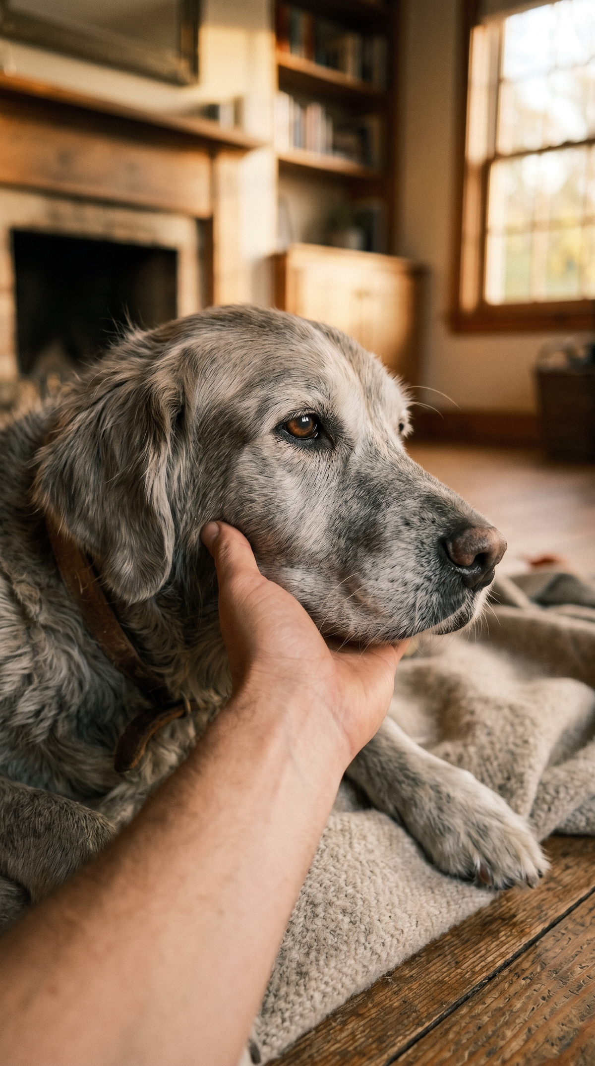 A senior dog resting gently in its owner's hands